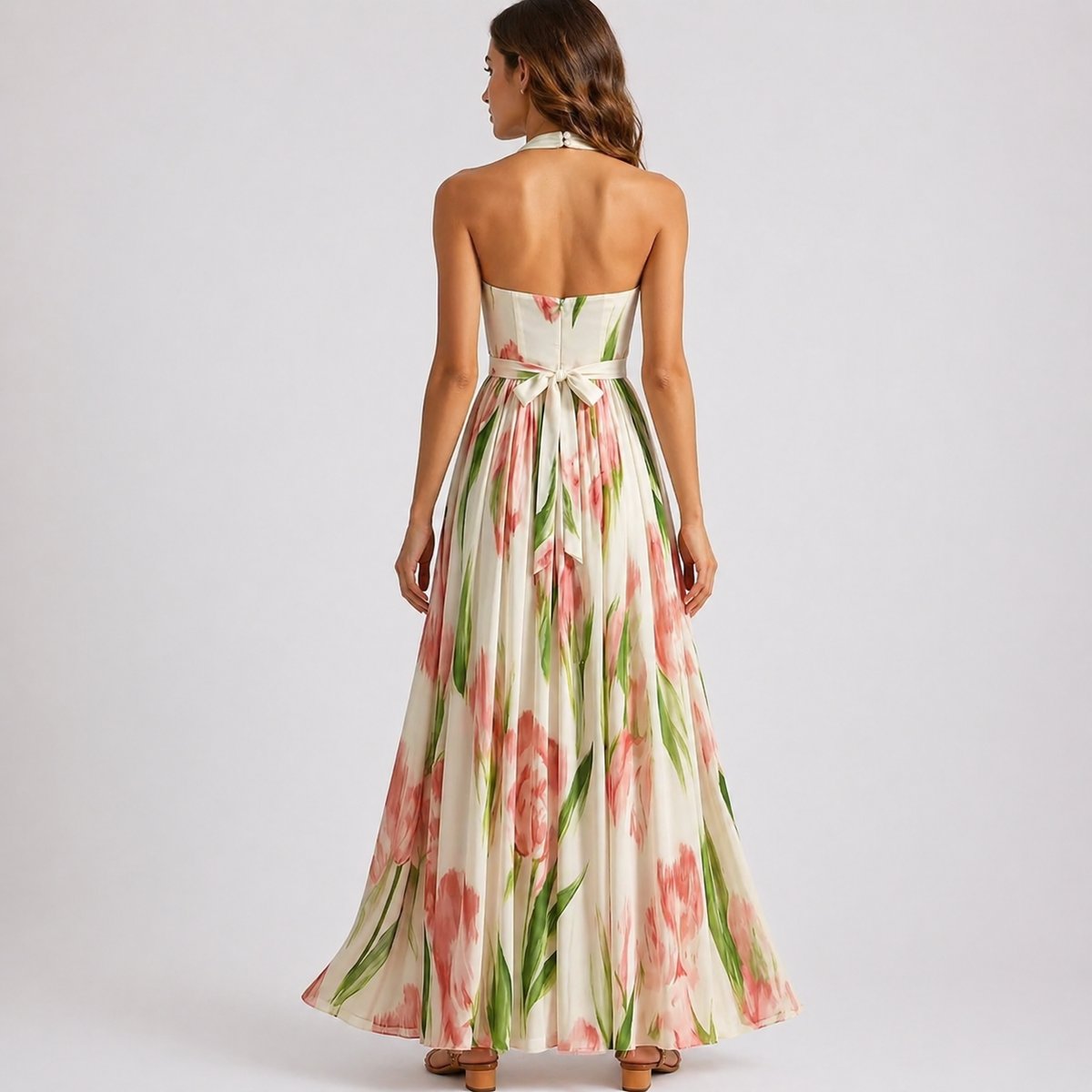 Elegant Floral Autumn Wedding Guest Dress for Women with Halter V Neck Pleated A Line Flowing Style