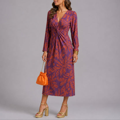 Elegant Floral Autumn Wedding Guest Dress for Women with V Neck Twist Front Long Sleeve Midi Formal Style