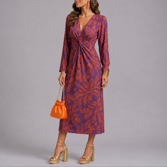 Elegant Floral Autumn Wedding Guest Dress for Women with V Neck Twist Front Long Sleeve Midi Formal Style