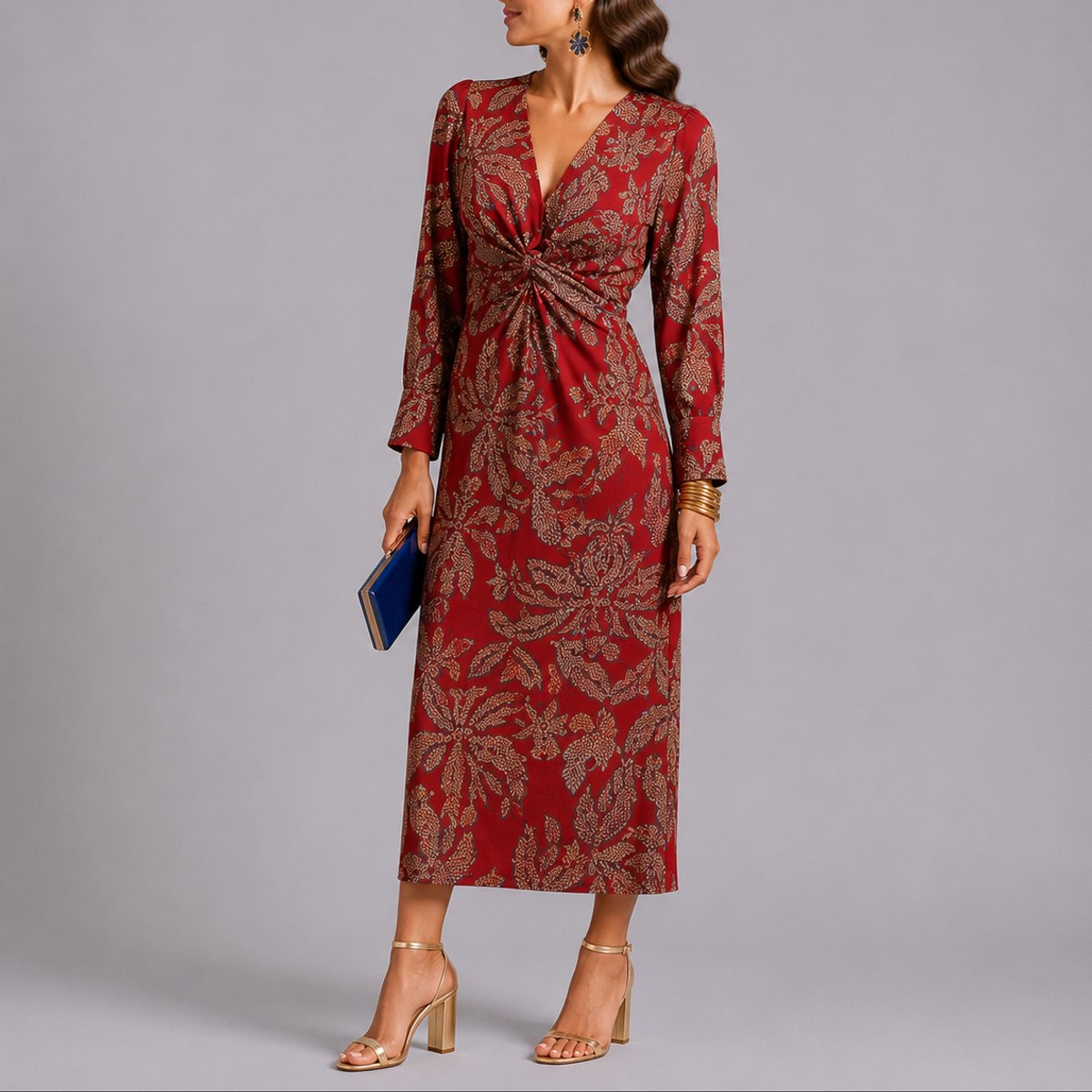 Elegant Floral Autumn Wedding Guest Dress for Women with V Neck Twist Front Long Sleeve Midi Formal Style
