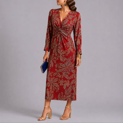 Elegant Floral Autumn Wedding Guest Dress for Women with V Neck Twist Front Long Sleeve Midi Formal Style