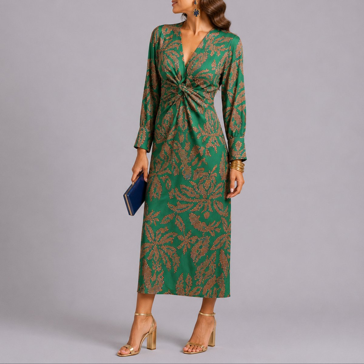 Elegant Floral Autumn Wedding Guest Dress for Women with V Neck Twist Front Long Sleeve Midi Formal Style