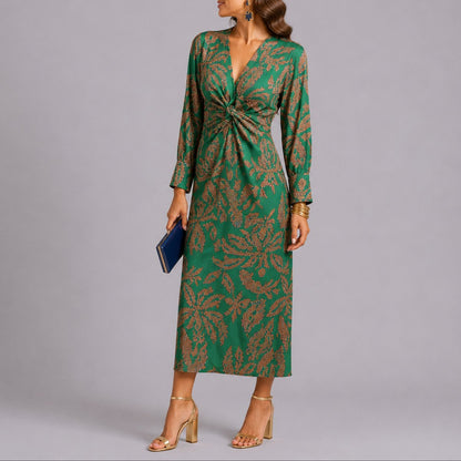Elegant Floral Autumn Wedding Guest Dress for Women with V Neck Twist Front Long Sleeve Midi Formal Style