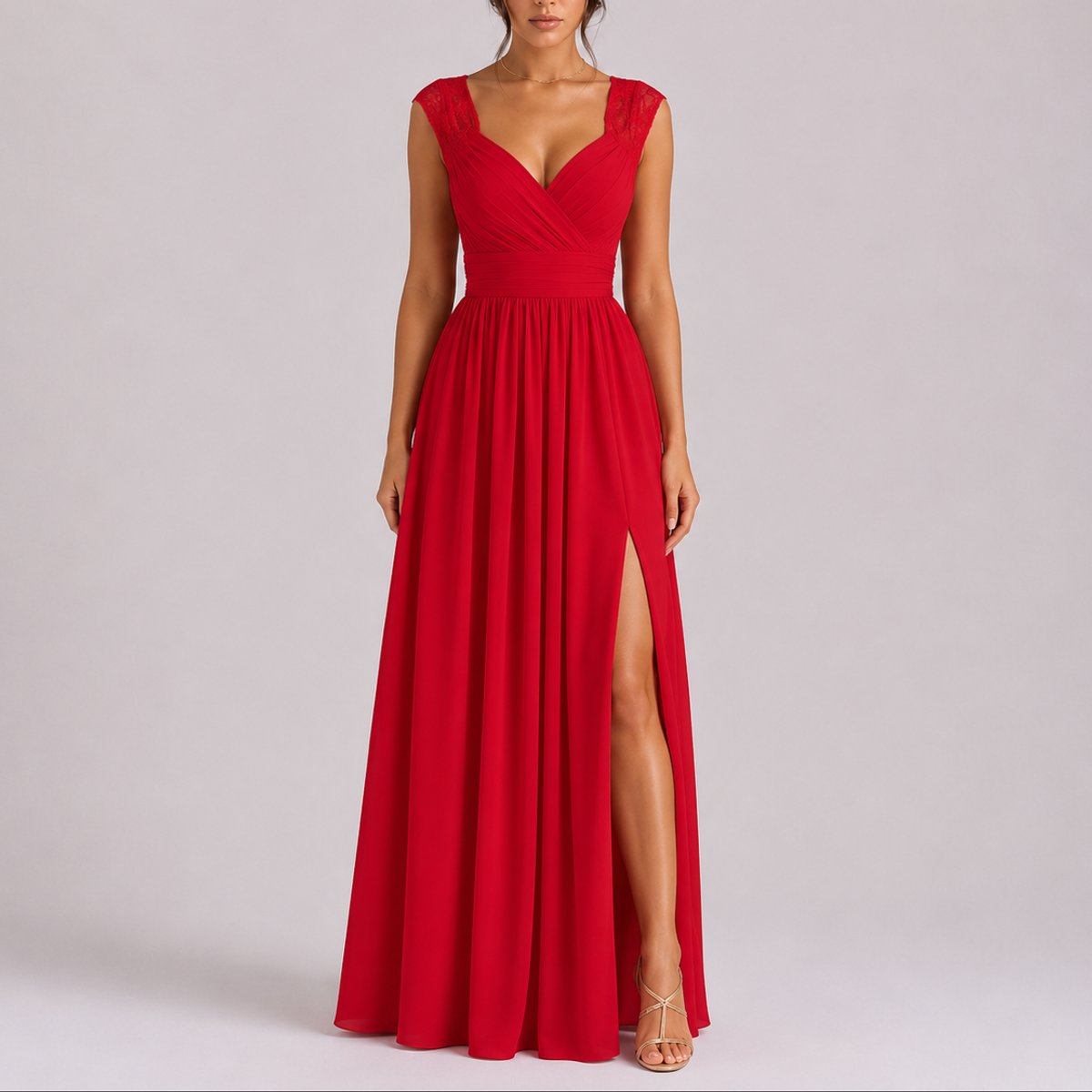 Elegant Chiffon Autumn Wedding Guest Dress for Women with V Neck Lace Cap Sleeve Ruched Slit Flowing Style
