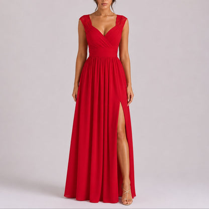 Elegant Chiffon Autumn Wedding Guest Dress for Women with V Neck Lace Cap Sleeve Ruched Slit Flowing Style