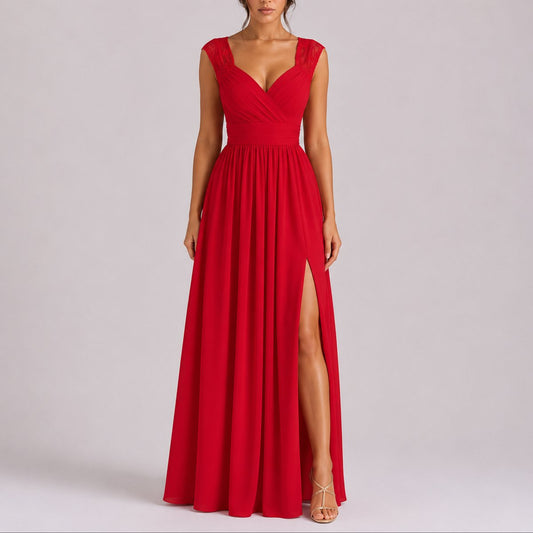 Elegant Chiffon Autumn Wedding Guest Dress for Women with V Neck Lace Cap Sleeve Ruched Slit Flowing Style