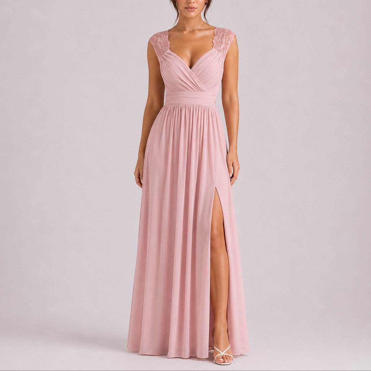 Elegant Chiffon Autumn Wedding Guest Dress for Women with V Neck Lace Cap Sleeve Ruched Slit Flowing Style