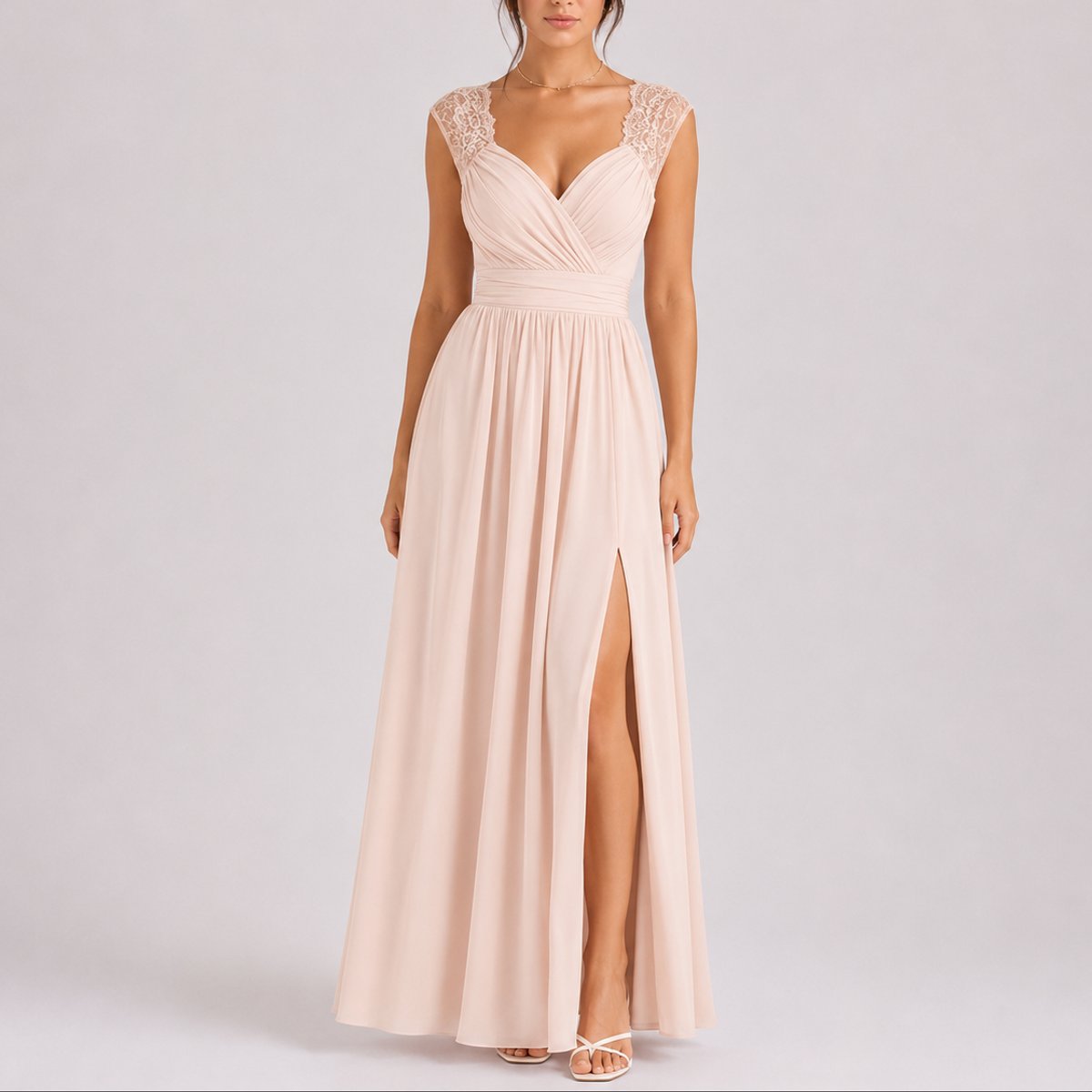 Elegant Chiffon Autumn Wedding Guest Dress for Women with V Neck Lace Cap Sleeve Ruched Slit Flowing Style