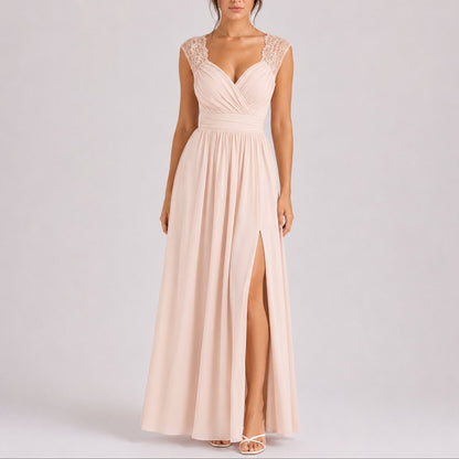 Elegant Chiffon Autumn Wedding Guest Dress for Women with V Neck Lace Cap Sleeve Ruched Slit Flowing Style