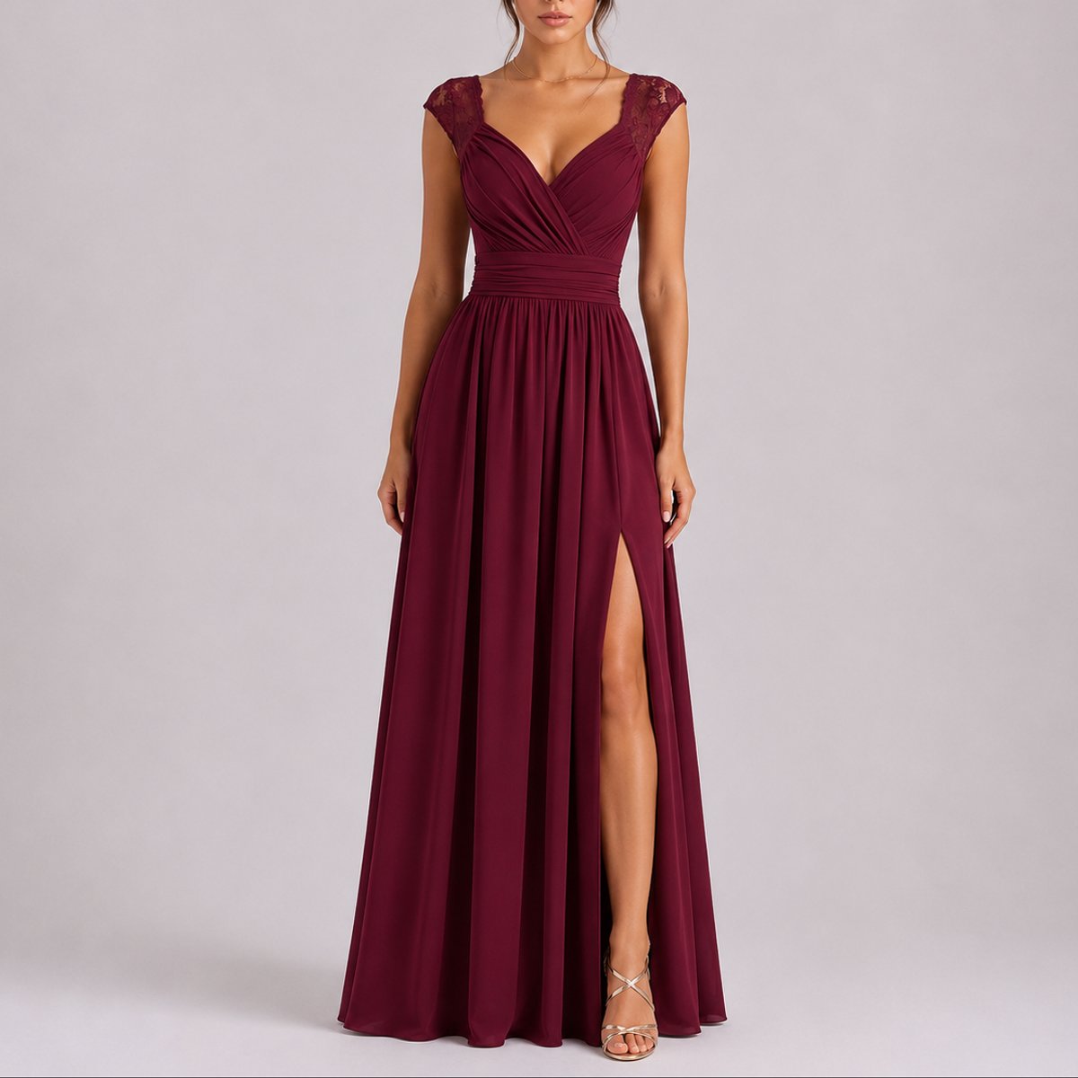 Elegant Chiffon Autumn Wedding Guest Dress for Women with V Neck Lace Cap Sleeve Ruched Slit Flowing Style