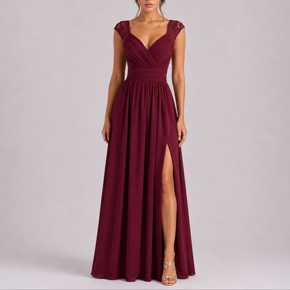 Elegant Chiffon Autumn Wedding Guest Dress for Women with V Neck Lace Cap Sleeve Ruched Slit Flowing Style