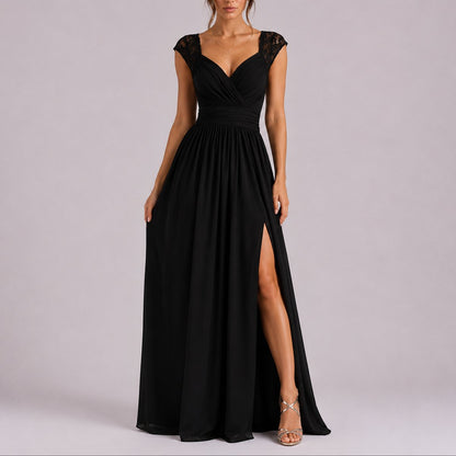 Elegant Chiffon Autumn Wedding Guest Dress for Women with V Neck Lace Cap Sleeve Ruched Slit Flowing Style