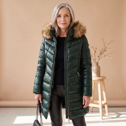 Cozy Green Puffer Coat for Women with Faux Fur Collar Quilted Long Sleeve Longline Winter Style