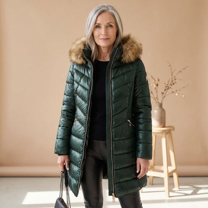 Cozy Green Puffer Coat for Women with Faux Fur Collar Quilted Long Sleeve Longline Winter Style