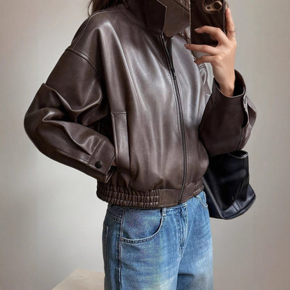 Stylish Dark Brown Leather Jacket for Women with Collar Long Sleeve Cropped Oversized Casual Style