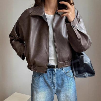 Effortless Brown Leather Jacket for Women with Stand Collar Long Sleeve Zip Up Bomber Style
