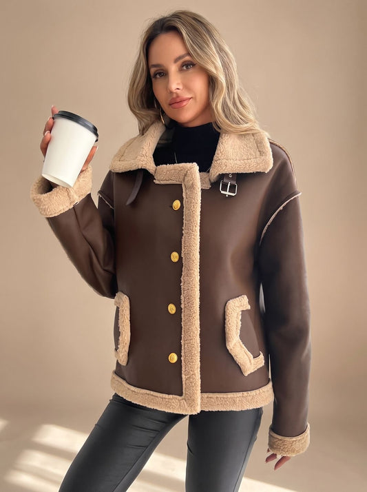 Cozy Faux Leather Shearling Jacket for Women with Collar Long Sleeve Button Front Sherpa-Trim Style