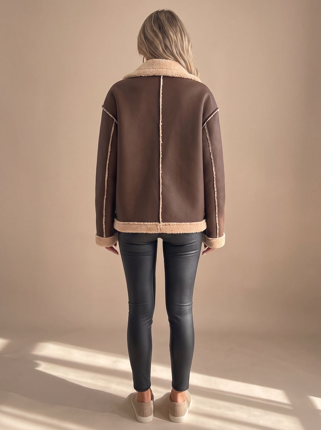 Cozy Faux Leather Shearling Jacket for Women with Collar Long Sleeve Button Front Sherpa-Trim Style