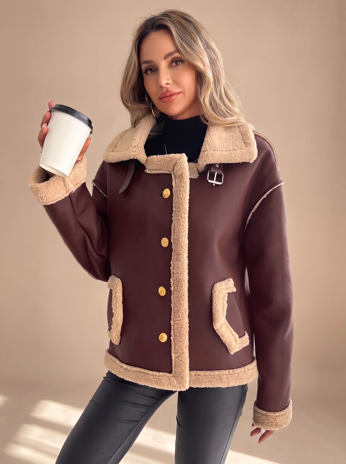 Cozy Faux Leather Shearling Jacket for Women with Collar Long Sleeve Button Front Sherpa-Trim Style
