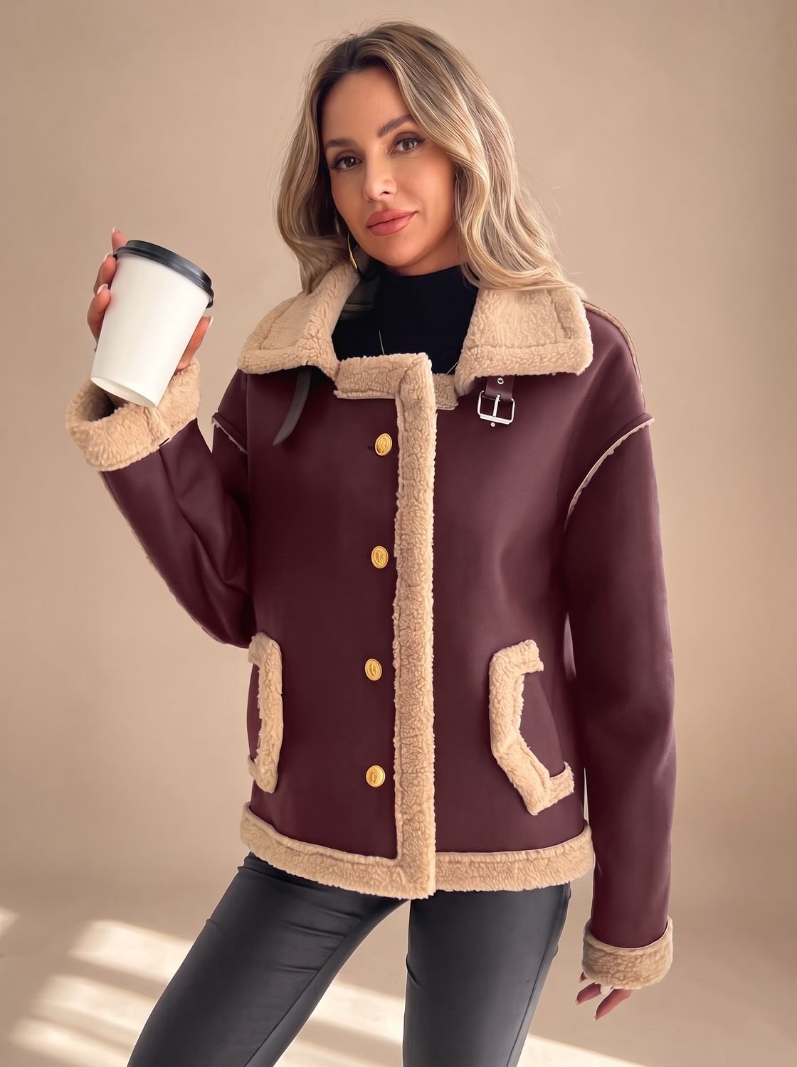 Cozy Faux Leather Shearling Jacket for Women with Collar Long Sleeve Button Front Sherpa-Trim Style