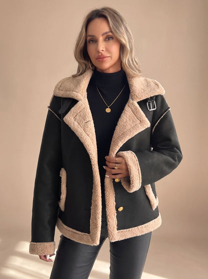 Cozy Faux Leather Shearling Jacket for Women with Collar Long Sleeve Button Front Sherpa-Trim Style