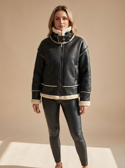 Cozy Faux Leather Shearling Aviator Jacket for Women with Stand Collar Long Sleeve Buckle Zip Style