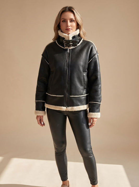 Cozy Faux Leather Shearling Aviator Jacket for Women with Stand Collar Long Sleeve Buckle Zip Style