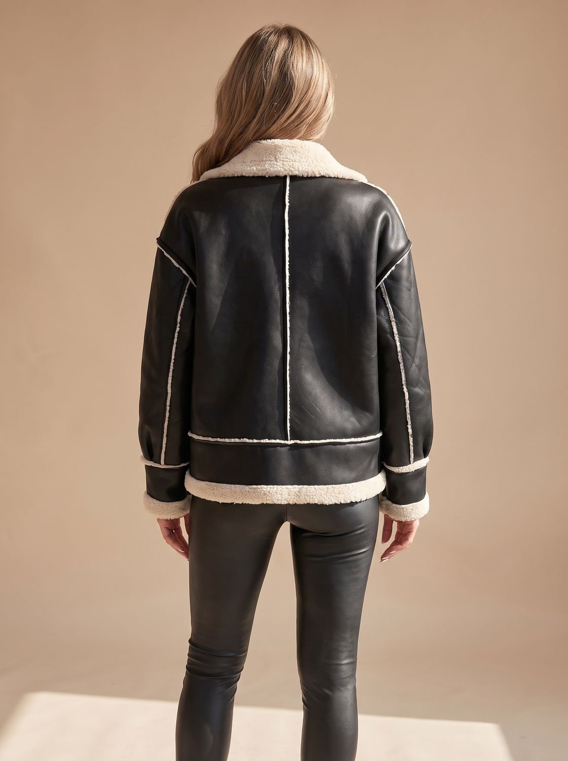 Cozy Faux Leather Shearling Aviator Jacket for Women with Stand Collar Long Sleeve Buckle Zip Style