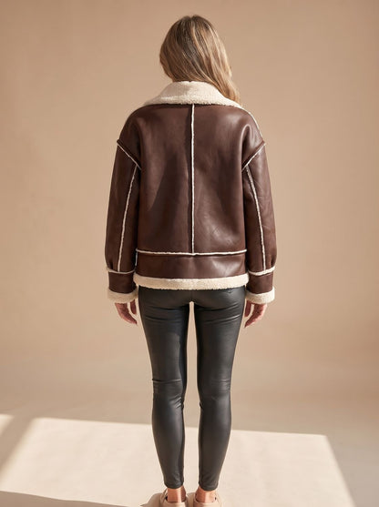 Cozy Faux Leather Shearling Aviator Jacket for Women with Stand Collar Long Sleeve Buckle Zip Style