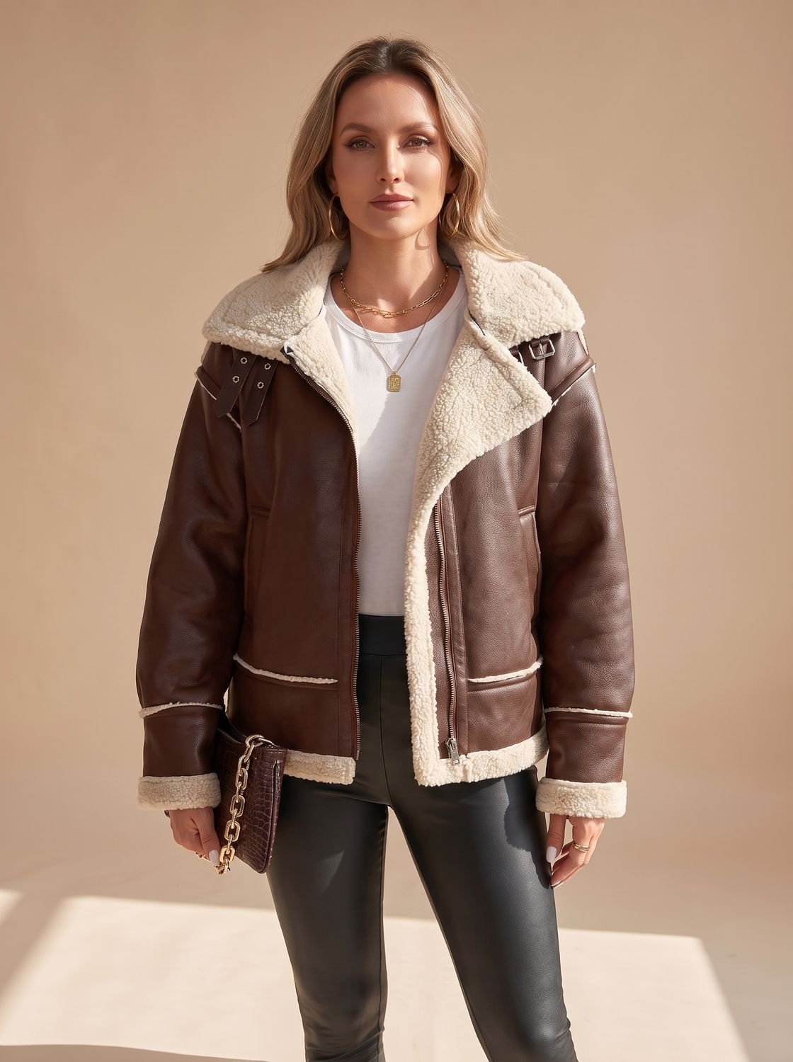 Cozy Faux Leather Shearling Aviator Jacket for Women with Stand Collar Long Sleeve Buckle Zip Style