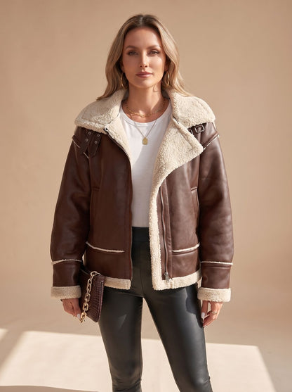 Cozy Faux Leather Shearling Aviator Jacket for Women with Stand Collar Long Sleeve Buckle Zip Style