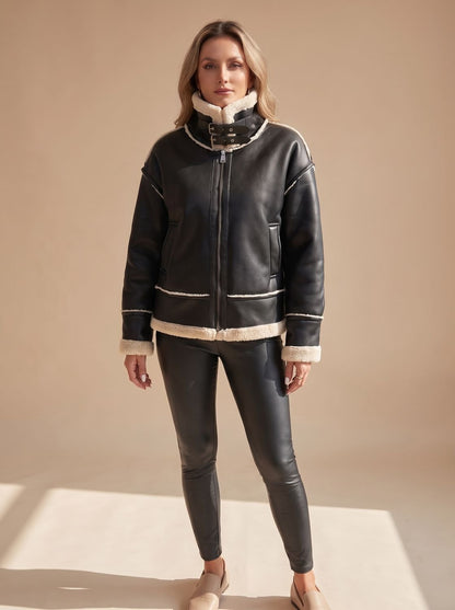 Cozy Faux Leather Shearling Aviator Jacket for Women with Stand Collar Long Sleeve Buckle Zip Style