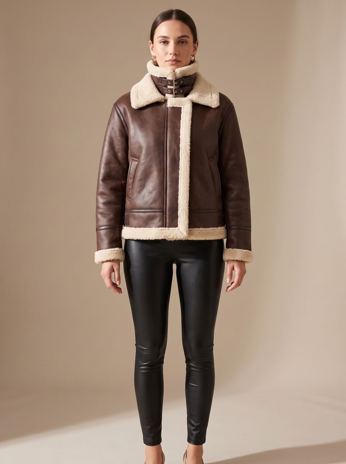 Cozy Faux Leather Shearling Aviator Jacket for Women with Stand Collar Long Sleeve Buckle Zip Style