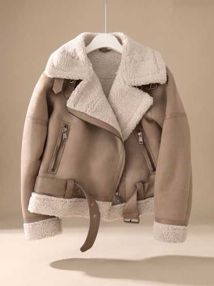 Cozy Faux Suede Shearling Aviator Jacket for Women with Notch Collar Long Sleeve Belted Asymmetric Zip Style