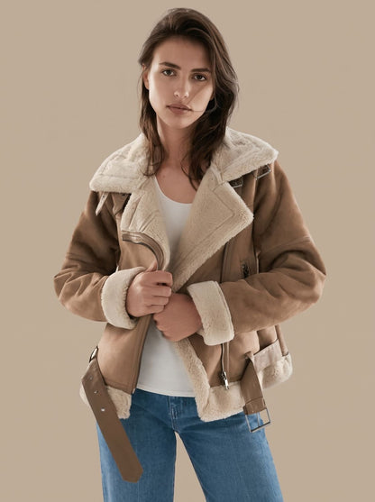 Cozy Faux Suede Shearling Aviator Jacket for Women with Notch Collar Long Sleeve Belted Asymmetric Zip Style