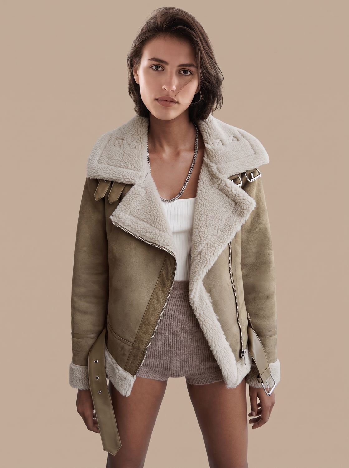 Cozy Faux Suede Shearling Aviator Jacket for Women with Notch Collar Long Sleeve Belted Asymmetric Zip Style