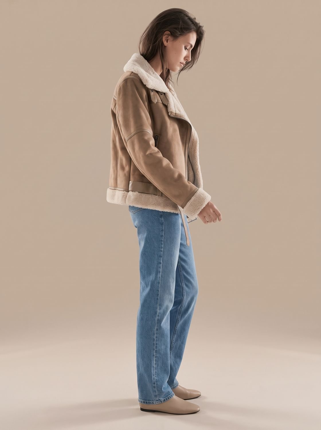 Cozy Faux Suede Shearling Aviator Jacket for Women with Notch Collar Long Sleeve Belted Asymmetric Zip Style