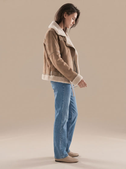 Cozy Faux Suede Shearling Aviator Jacket for Women with Notch Collar Long Sleeve Belted Asymmetric Zip Style