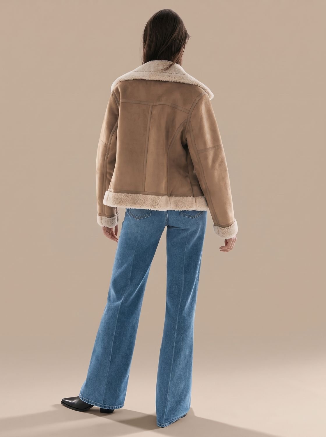 Cozy Faux Suede Shearling Aviator Jacket for Women with Notch Collar Long Sleeve Belted Asymmetric Zip Style