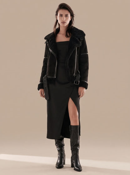 Cozy Faux Suede Shearling Aviator Jacket for Women with Notch Collar Long Sleeve Belted Asymmetric Zip Style