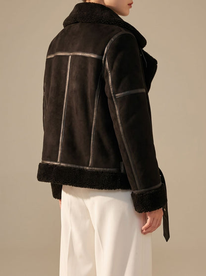 Cozy Faux Suede Shearling Aviator Jacket for Women with Notch Collar Long Sleeve Belted Asymmetric Zip Style