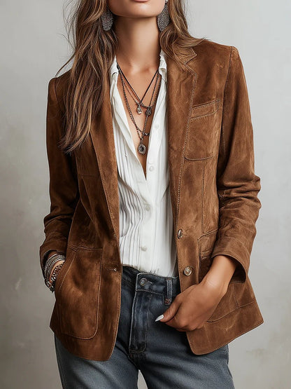 Stylish Brown Cardigan Blazer for Women with Faux Suede Tailored Single-Breasted Jacket