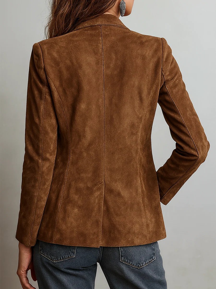 Stylish Brown Cardigan Blazer for Women with Faux Suede Tailored Single-Breasted Jacket