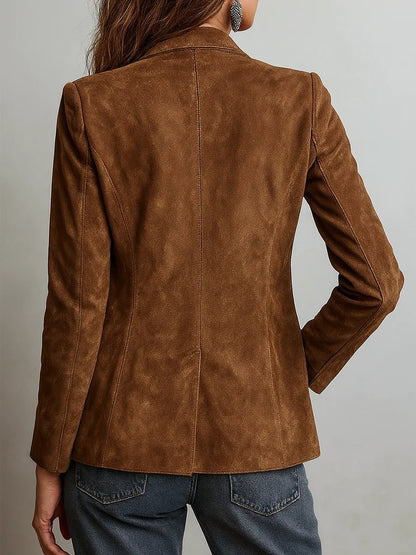 Stylish Brown Cardigan Blazer for Women with Faux Suede Tailored Single-Breasted Jacket