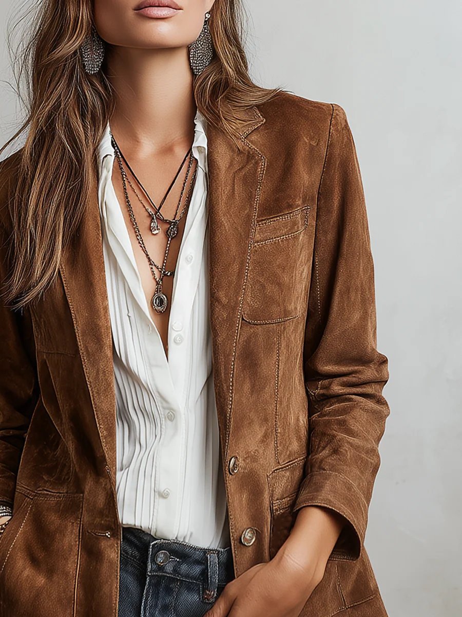 Stylish Brown Cardigan Blazer for Women with Faux Suede Tailored Single-Breasted Jacket