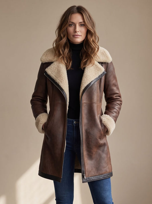 Cozy Faux Leather Shearling Coat for Women with Notch Collar Long Sleeve Asymmetric Zip Mid-Length Style