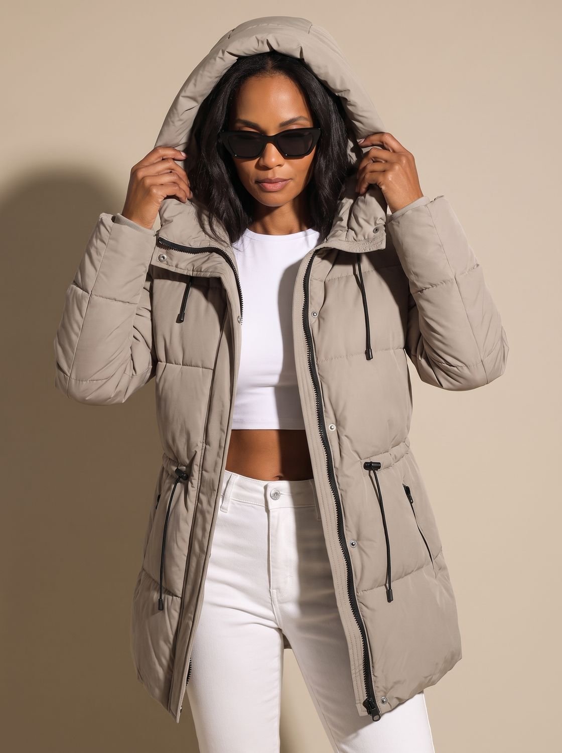 Cozy Fitted Puffer Jacket for Women with Faux Fur Hood Long Sleeve Quilted Zip Winter Style