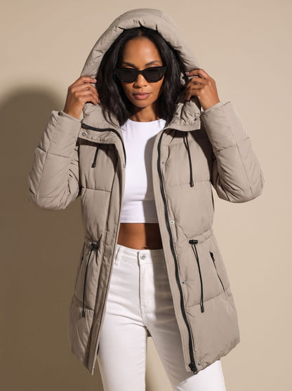 Cozy Fitted Puffer Jacket for Women with Faux Fur Hood Long Sleeve Quilted Zip Winter Style