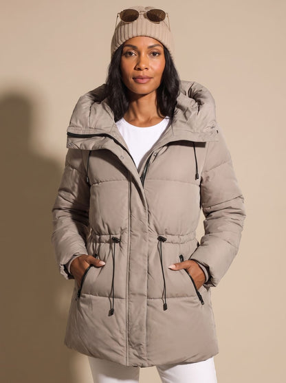 Cozy Fitted Puffer Jacket for Women with Faux Fur Hood Long Sleeve Quilted Zip Winter Style