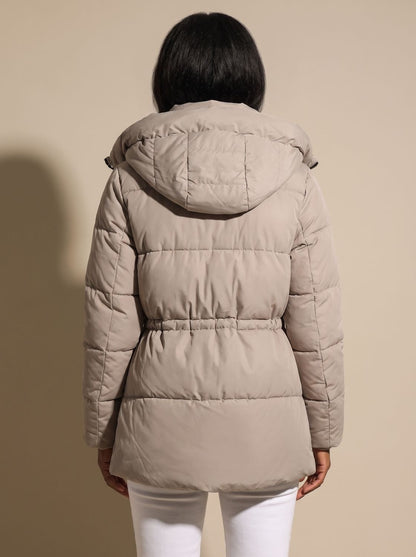 Cozy Fitted Puffer Jacket for Women with Faux Fur Hood Long Sleeve Quilted Zip Winter Style